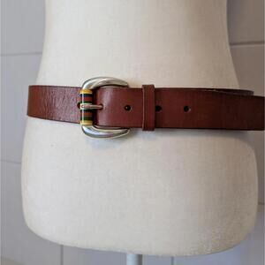 Fossil brown leather belt with striped enamel buckle